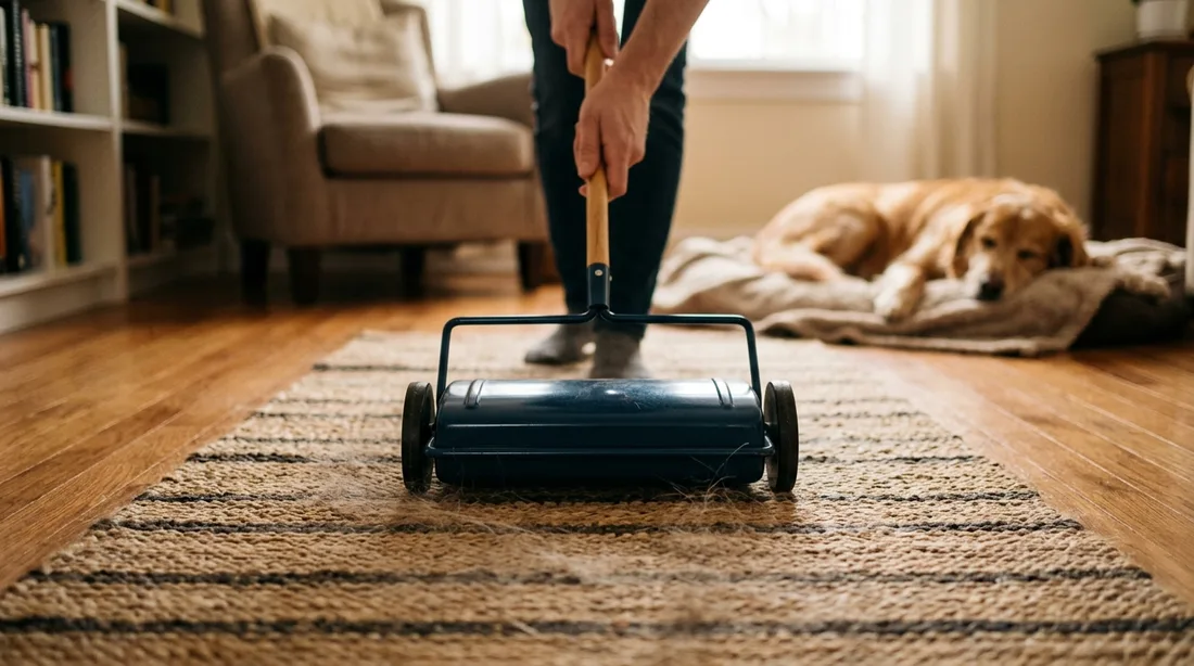 Teppichkehrer auf einem Läufer mit Hundehaaren, im Hintergrund ein liegender Hund